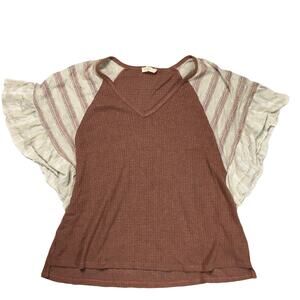 Chrysanthemum‎ Top V-Neck Striped Ruffle Flutter Sleeve Women's M Waffle Knit